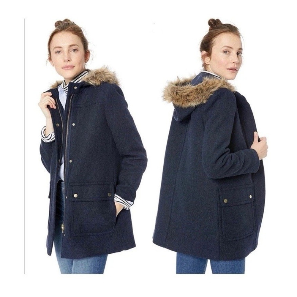 J. Crew Mercantile Sz 6 Faux Fur Hooded Wool Blend Vail Parka Jacket Navy Coat